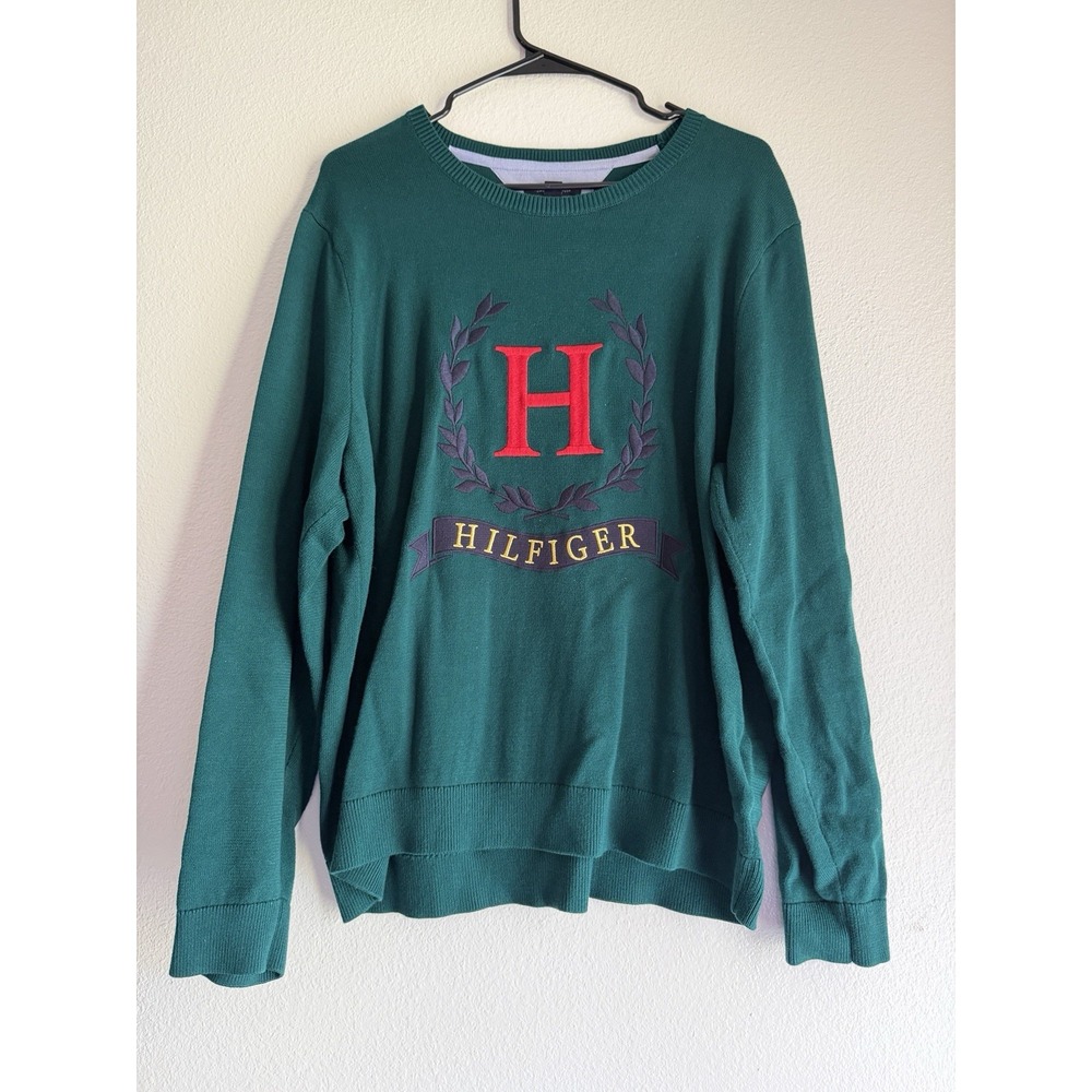 Tommy Hilfiger Green‎ Crewneck Sweatshirt Spellout Logo Crest Size XL